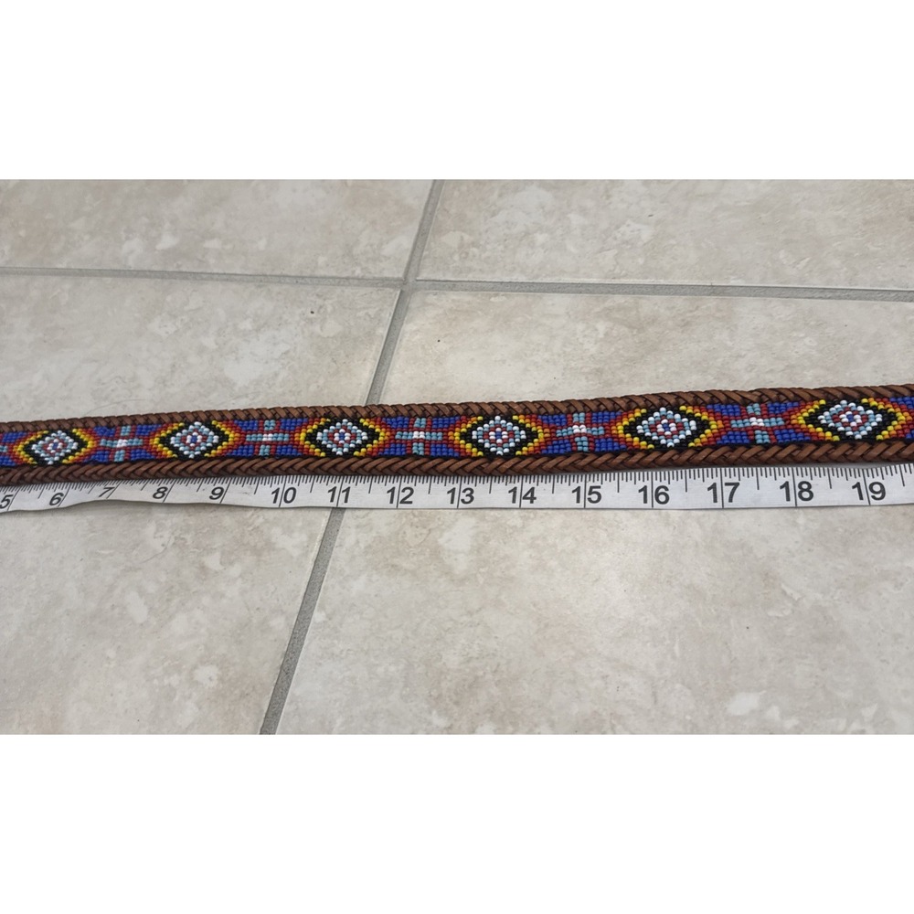 Vtg Southwestern Western Brown Leather Beaded Belt Sz 28 Native American Folk - Picture 11 of 11